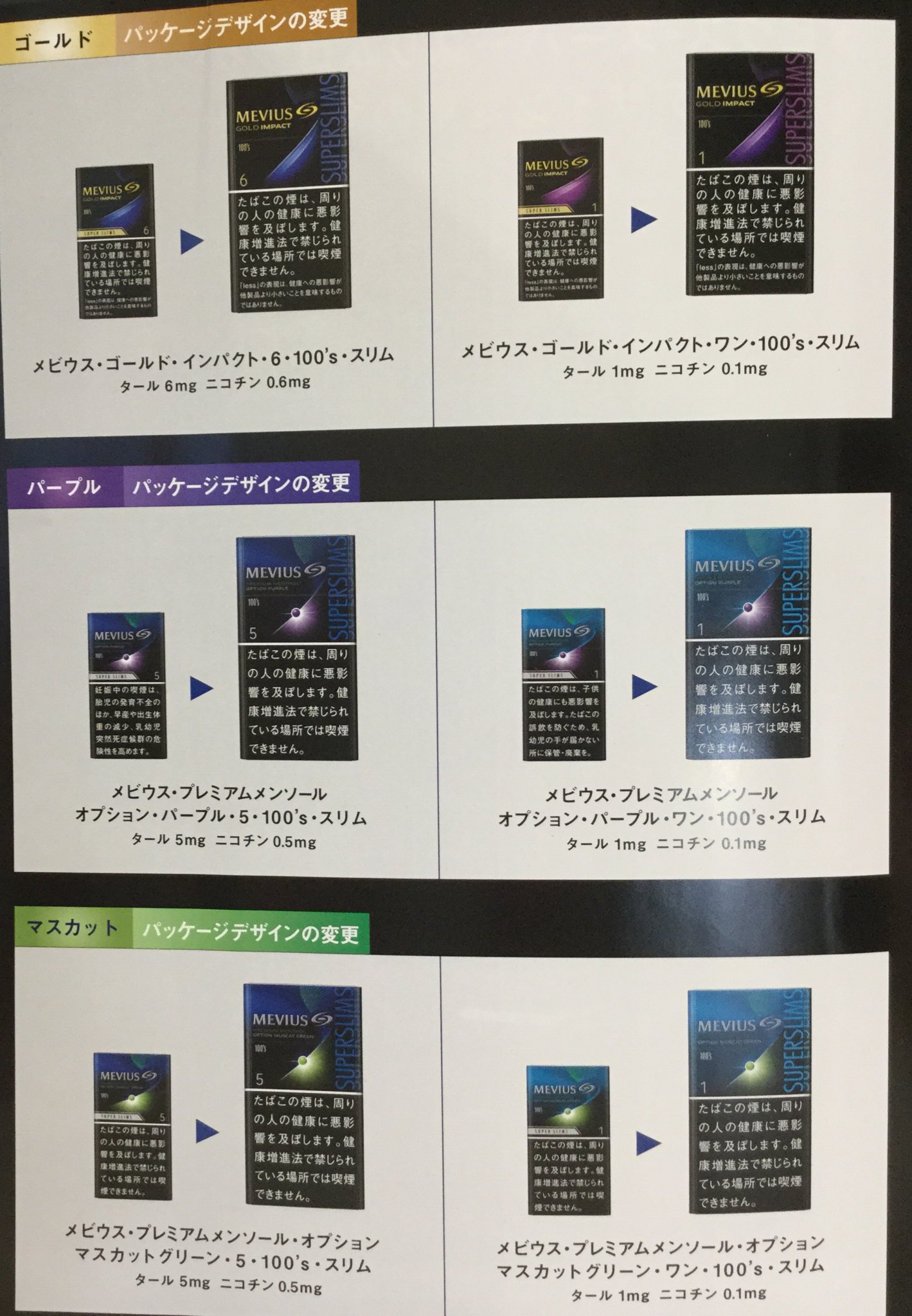 大浦商店 メビウス スーパースリムロングシリーズ がデザイン変更 インパクト スリム オプション パープル オプション マスカットグリーン 各2種類の計6銘柄がデザイン変更します 価格は 500 いつものメビウスのお手軽価格です