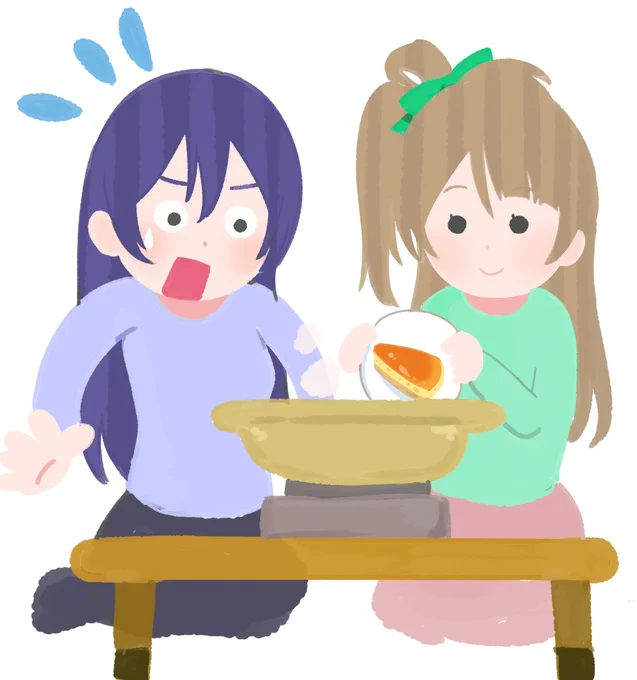 鍋にチーズケーキをぶち込む女性のイラスト 