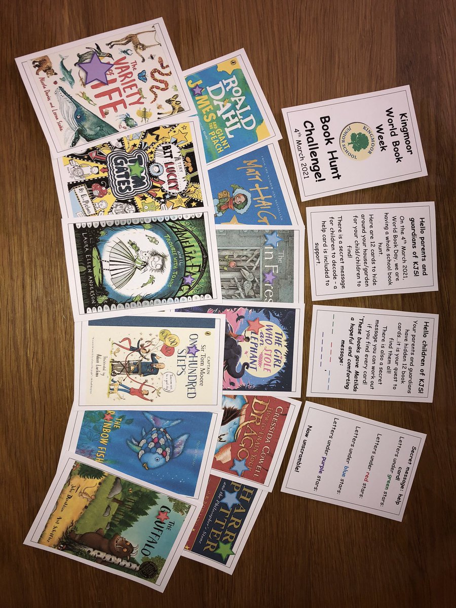 Miss Graham (@missgrahamteach) on Twitter photo WORLD BOOK DAY 2021 - Book Hunt Challenge!📚✨
WBD is looking a little different this year! I have planned a challenge that can be completed at home & at school☺️
12 hidden book cards...after finding them all, can children crack the secret code?🕵🏼♂️✨
<a href="/WorldBookDayUK/">World Book Day UK 📚</a> <a href="/OpenUni_RfP/">Reading for Pleasure 🧶</a> WORLD BOOK DAY 2021 - Book Hunt Challenge!📚✨
WBD is looking a little different this year! I have planned a challenge that can be completed at home & at school☺️
12 hidden book cards...after finding them all, can children crack the secret code?🕵🏼♂️✨
<a href="/WorldBookDayUK/">World Book Day UK 📚</a> <a href="/OpenUni_RfP/">Reading for Pleasure 🧶</a>