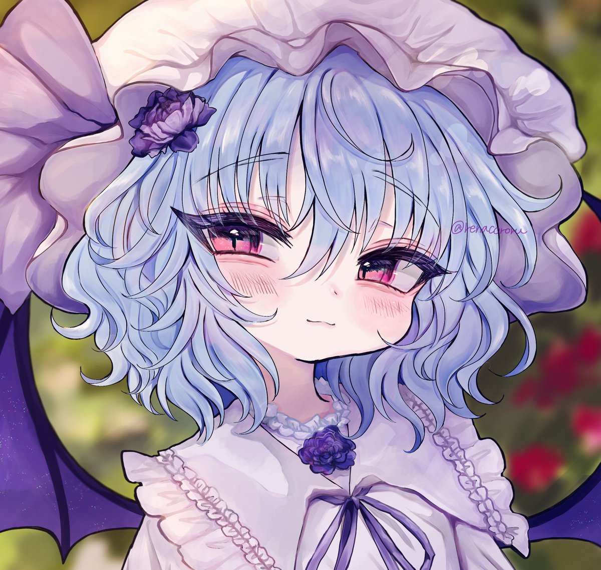 remilia scarlet 1girl solo hat wings flower blue hair ribbon  illustration images