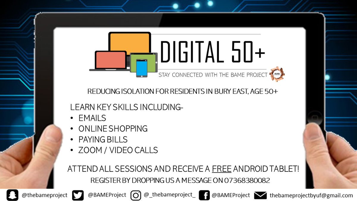 BameProject's tweet photo. Thankyou @AfAgeing for the funding towards our new initiative #Digital50+ for Bury East.
Learning key digital skills to stay connected, get online & reduce isolation. Limited places!
Attend 4 sessions and receive a FREE android tablet!💻
DM to Register
@BuryVCFA
@BeaconService https://t.co/w4Eaaalosu