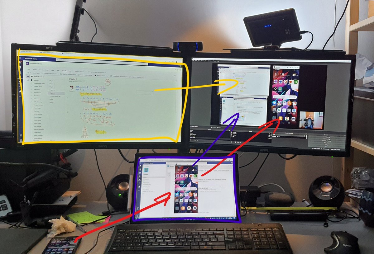 IanStuart66's tweet image. Combine with #OBS 
Yellow- Demo Teacher
Purple- Demo Pupil
Red-Demo Pupils Mobile via #letsview 
OBS virtual Cam appears in #MicrosoftTeams or it can be recorded