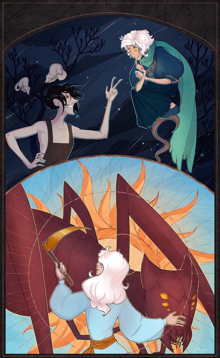 ielerdump's tweet photo. I have dig out something from the end of 2019 - a series of illustrations for a challenge about worldbulding and creating mythology in particular. I was in hurry while drawing back then and really wished to fix a lot afterwards - but did not really touched a thing since then, heh https://t.co/jHQJ2beAC7