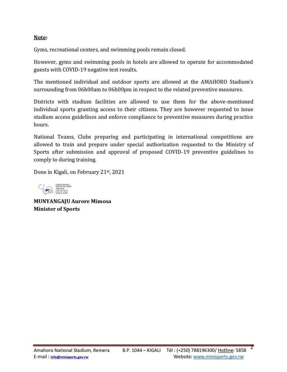NewTimesRwanda's tweet photo. The Ministry of Sports has issued fresh guidelines for the resumption of individual and non-contact sports. 

Tournaments and group training remain closed except for national teams and clubs preparing to represent the country in international competitions.

Full statement 👇🏽 https://t.co/8yLhnGt1pv