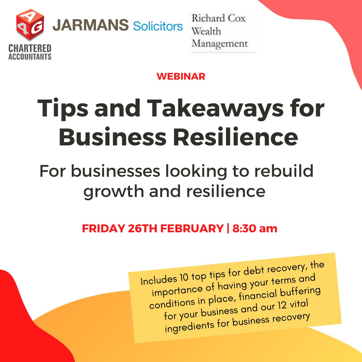 JaySahota12's tweet photo. Don't forget to sign up for the webinar if you are interested in Hints, Tips and Takeaways for Business Resilience from Jay Sahota, A4G Chartered Accountants and Richard Cox, Dip (PFS)

https://t.co/jFCzhXMAKI 

#webinars #b2b #businessresilience #rebuld #growth https://t.co/QTaNwthlUy