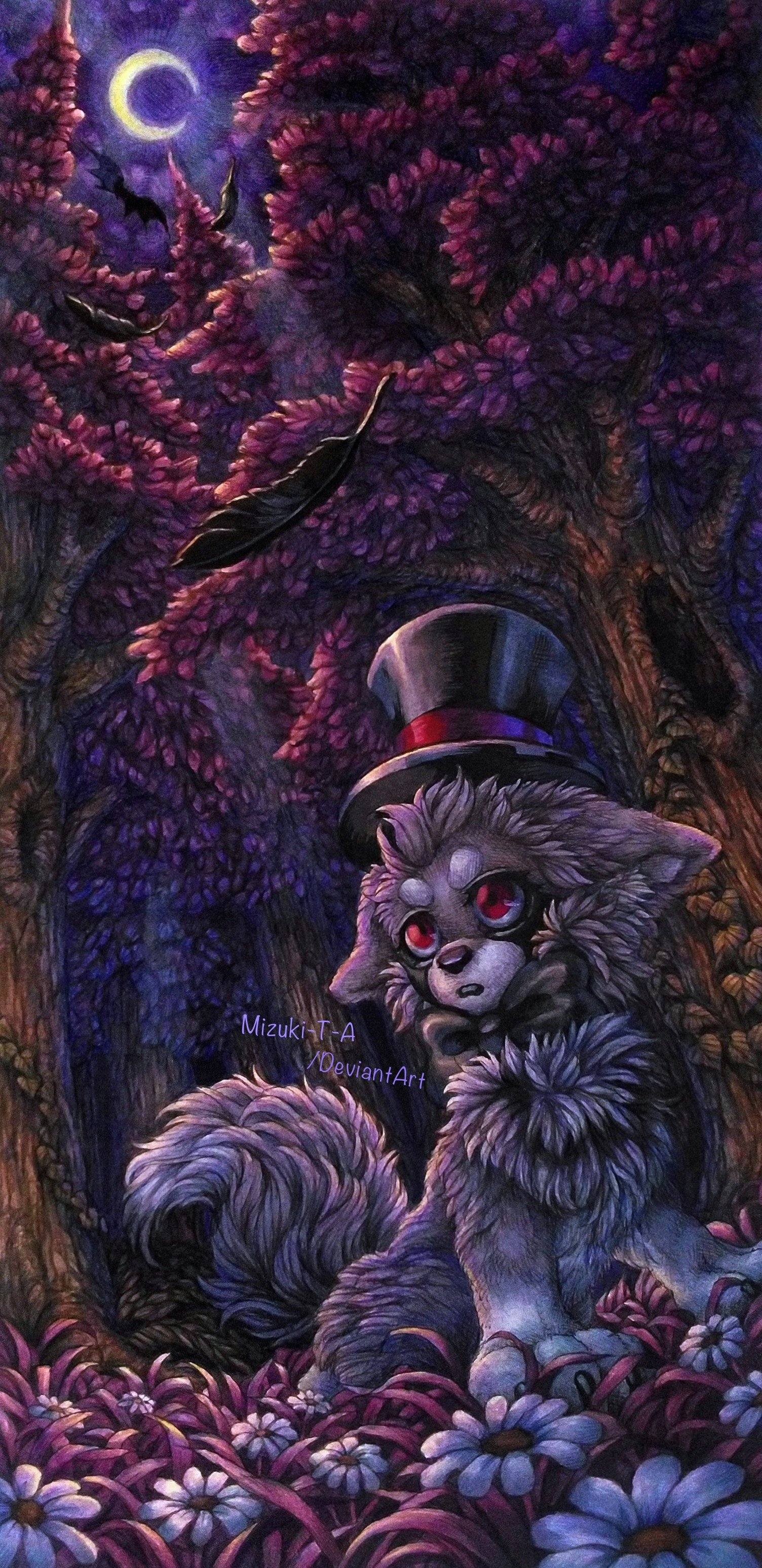 Mizuki T A Traditional Art Of My Oc Hadula Don T Use My Art Without Permission 無断転載 使用 禁止 Traditionalart Handdrawn Illustration Scenery Fantasy Forest Woods Night Tree Moon Animal Wolf イラスト