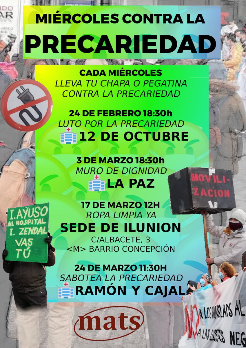 🛑El siguiente acto #ContraLaPrecariedad será el próximo 24 de Febrero a las 18.30h en la puerta principal del Hospital 12 de Octubre. Vecin@s de los barrios y trabajador@s acude y ¡NO FALTES! nos afecta a tod@s. Lleva tu pancarta, cartel... 👇👇👇