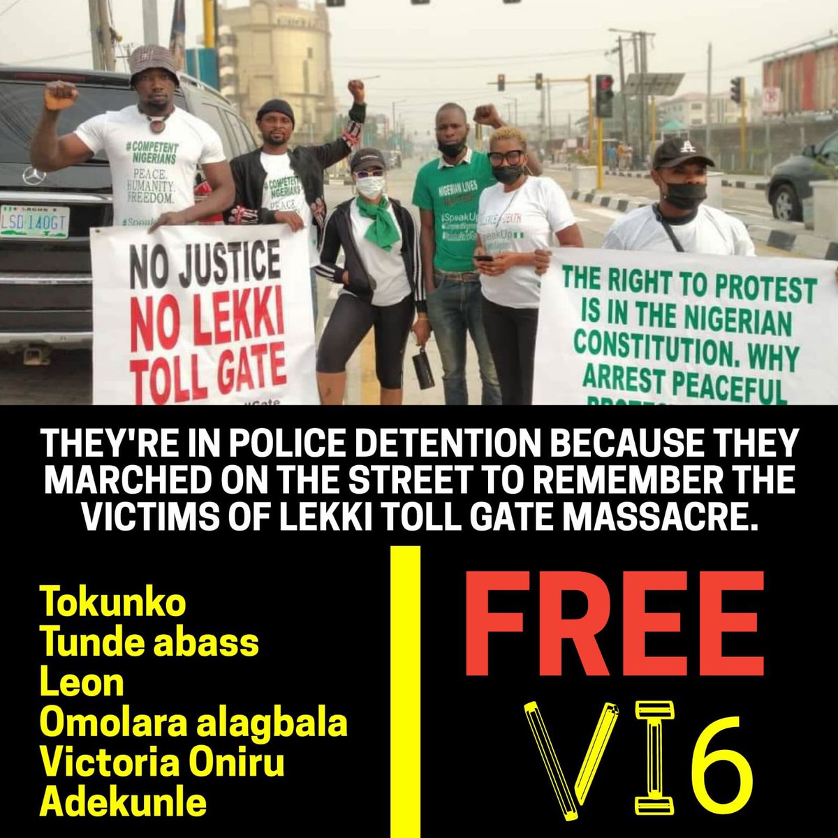 ValentineOjo5's tweet photo. Officially, Nigeria isn’t a democratic country, you’re not allowed to protest. Free @HRH_bankeoniru and other VI comrades now @jidesanwoolu #freeVI6 https://t.co/POpQP5qA02
