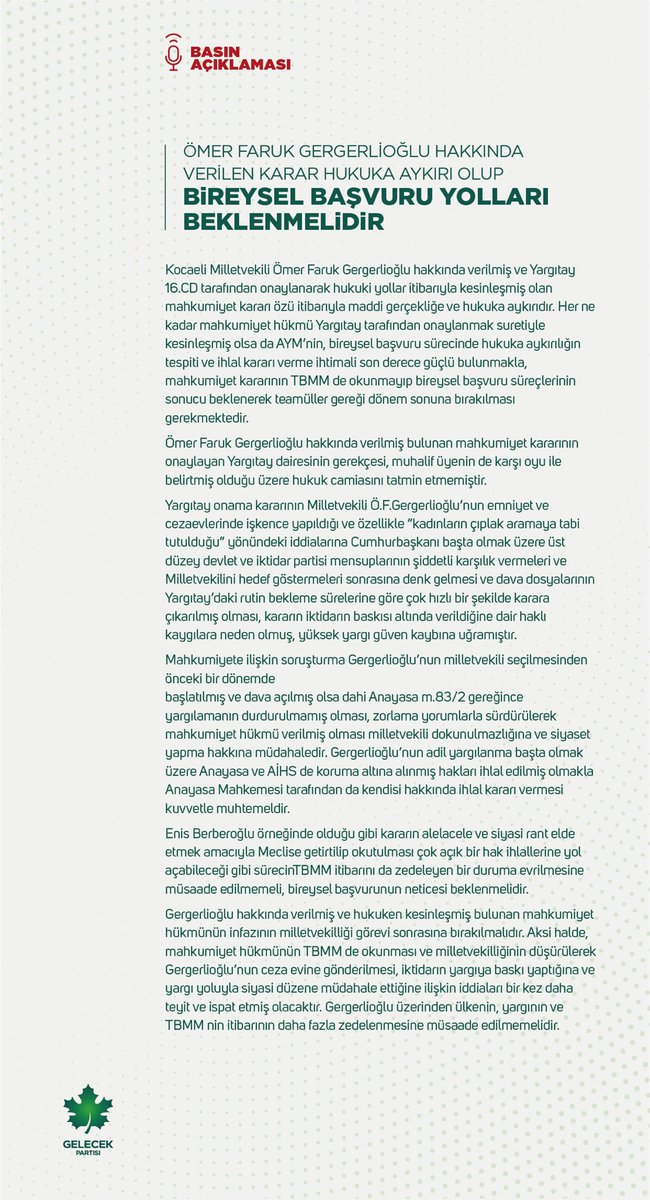 Ömer Faruk Gergerlioğlu Hakkında Verilen Karar Hukuka Aykırı Olup Bireysel Başvuru Yolları Beklenmelidir ⬇️

🔗  gelecekpartisi.org.tr/duyuru/omer-fa…