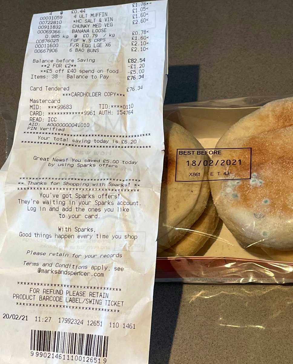 justintlai's tweet photo. @marksandspencer absolutely appalling. I purchased some muffins yesterday and when I went to use them this morning they were mouldy! Turns out they were out of date 18/02/21..2 days from the day purchased. #outofdate #poorquality https://t.co/2vDTETSjci