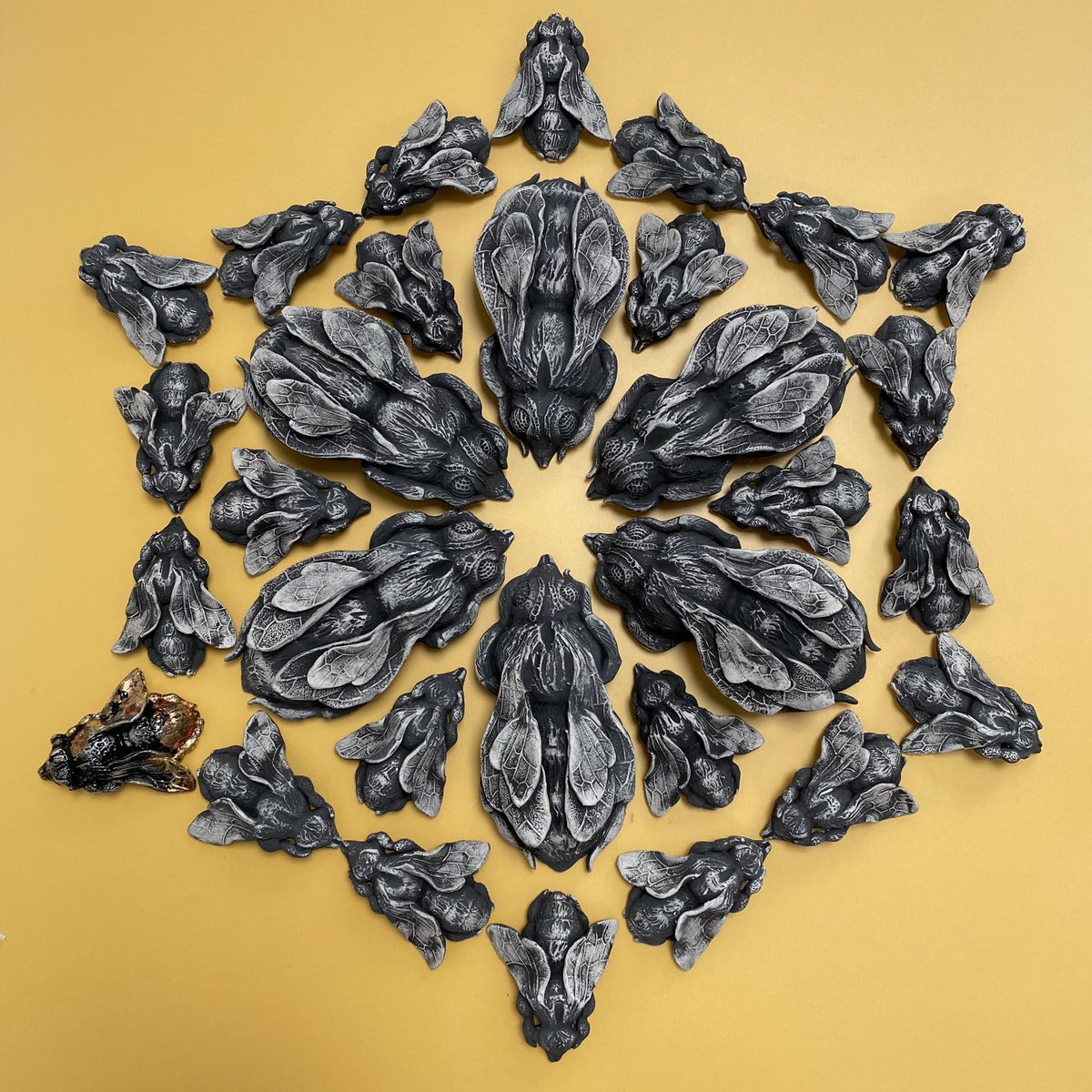 Can you spot the finished bee? 
The others are waiting for their #honeyglaze

Bees - symbols of community, love &amp; power. My celebration of women and ❤️ of Mother Earth

Be proud to stand out and stand together
#ACHceramics #springcollection #queenbee #matriarch #IWD2021 #bees