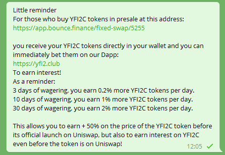 Yfi2C's tweet photo. There are only 7 days left before the end of this first presale of YFI2C tokens.
The presale will be over as soon as the Harcap of 25 ETH is reached.
Do not wait !
https://t.co/B1bATip2Ns
Warning !
#YieldFarming #DeFi #Presale #Giveaway #cryptocurrency #ICO #Airdrops 
Reminder : https://t.co/kYqRiq6TSE