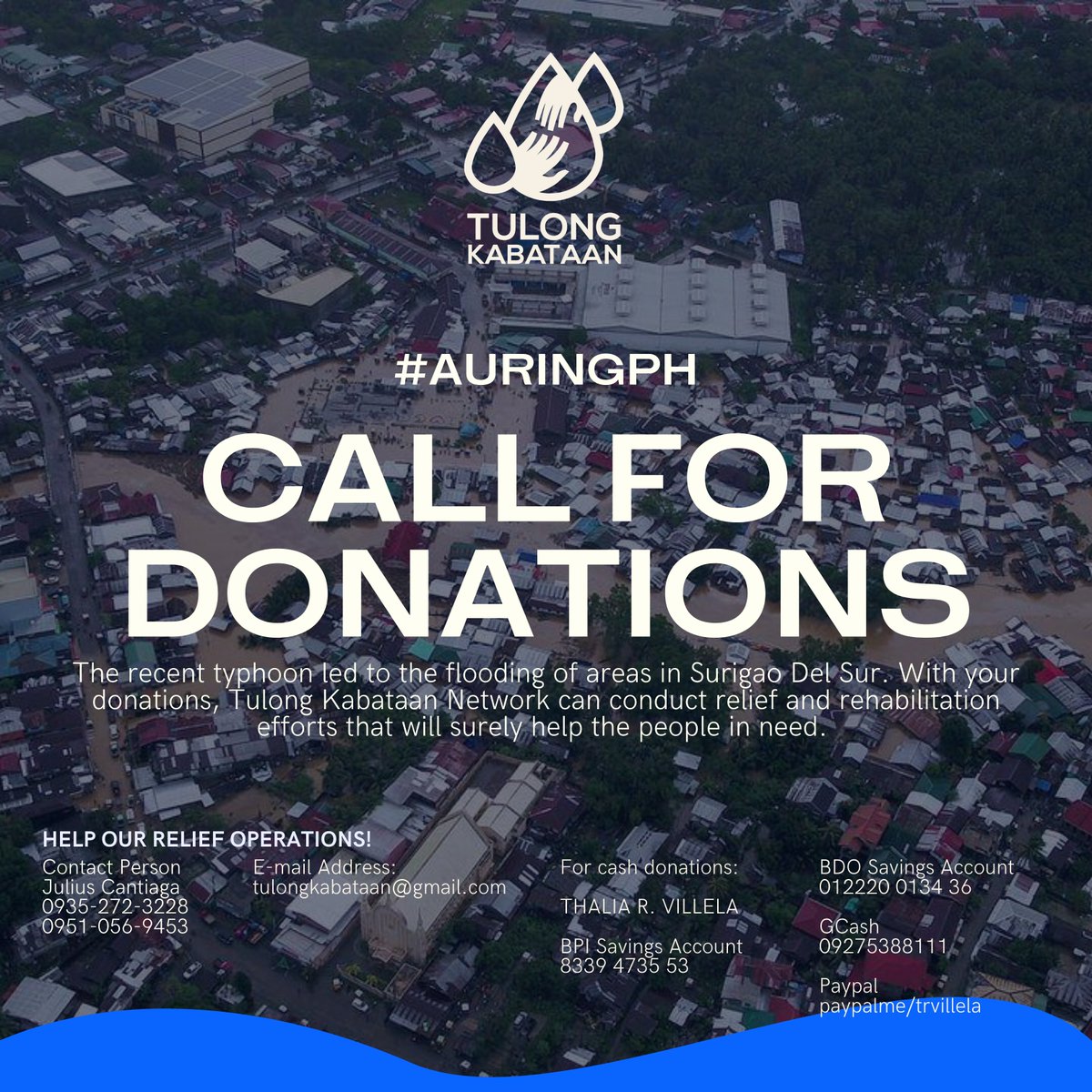 TulongKabataan_'s tweet photo. #AuringPH
#ReliefPH

The recent typhoon led to the flooding of areas in Surigao Del Sur. With your donations, Tulong Kabataan Network can conduct relief and rehabilitation efforts that will surely help the people in need.

HELP OUR RELIEF OPERATIONS! https://t.co/0sbSK7DZu1