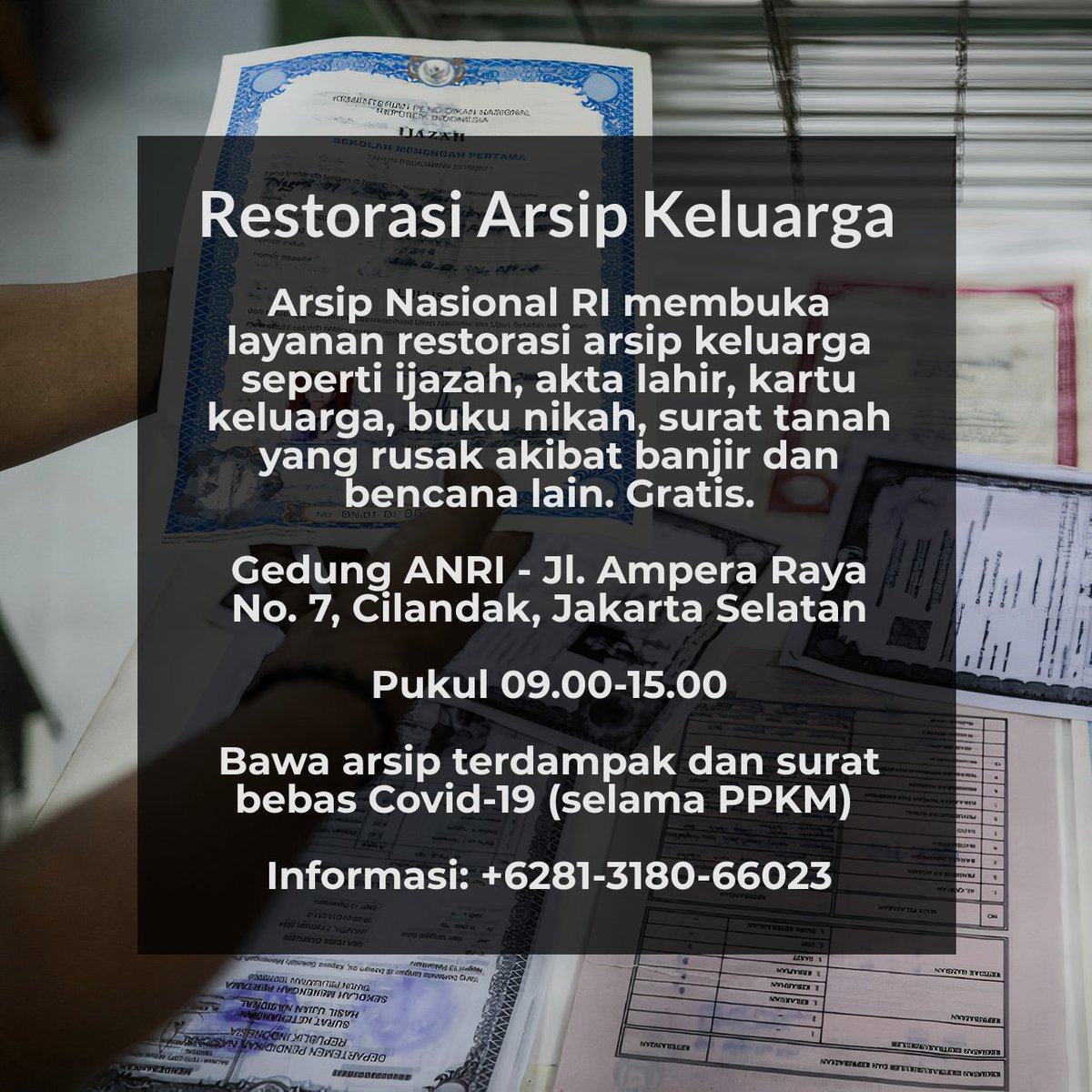 Arsip dan dokumenmu rusak terkena banjir atau musibah lain?

Arsip Nasional memiliki layanan restorasi arsip keluarga. Gratis.