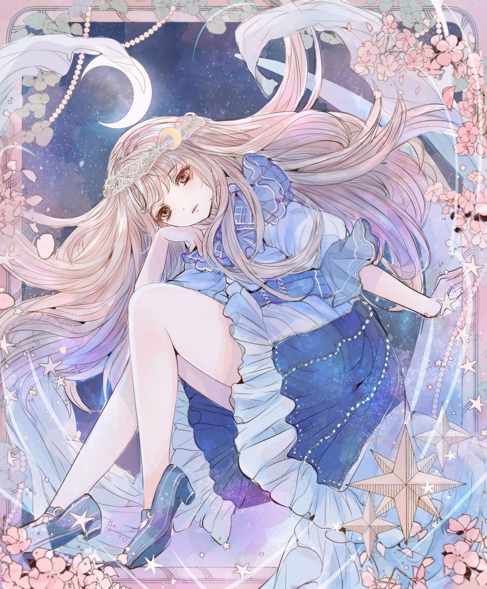 1girl solo long hair crescent star (sky) dress moon  illustration images