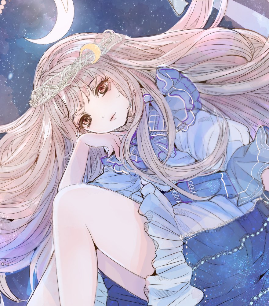 1girl solo long hair crescent star (sky) dress moon  illustration images