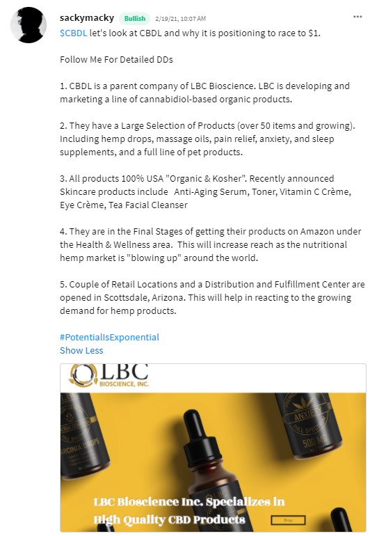 SackyMacky's tweet photo. $CBDL #CBDL is a great play. A lot of potentials. Waiting on Amazon deal and it will skyrocket
here is my initial DD on it. #InsightfulDDs #PotentialIsExponential https://t.co/W3U9DxaPVU