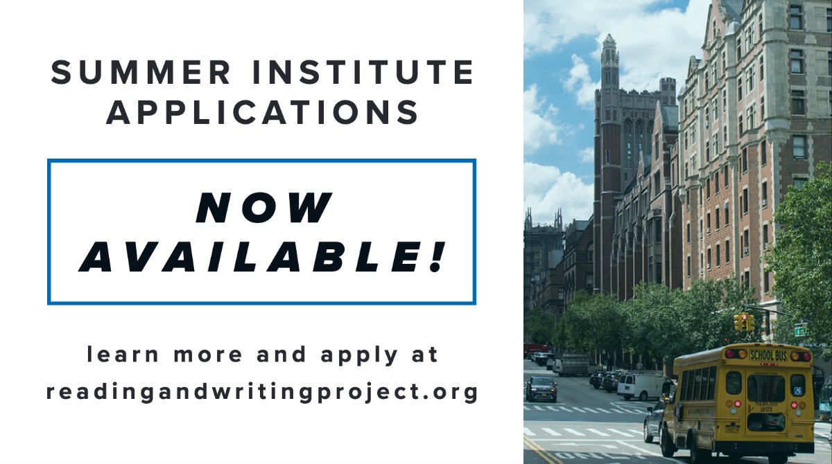 APPLICATIONS NOW OPEN!
Join #tcrwp this summer for one(or more!) of our Summer Institutes!

Visit bit.ly/2Nb54V7 to apply!

#distancelearning #UoS #readingworkshop #writingworkshop
