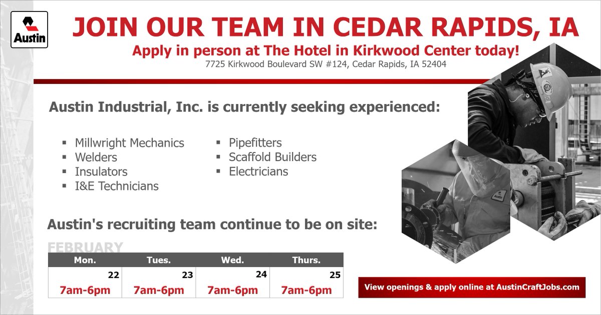 austinindl's tweet photo. Come apply in person at The Hotel at Kirkwood Center!
7725 Kirkwood Boulevard SW #124, Cedar Rapids, IA 52404

https://t.co/jNUWE8uYxV

#AustinINDL #Hiring https://t.co/XHf3PVInFQ