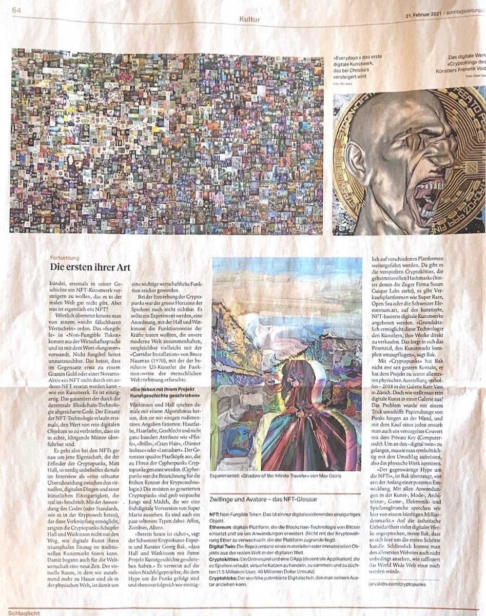 🔥 Excellent article on the emerging #NFT market by art market expert Ewa Hess <a href="/askewa/">ewa hess</a> in the Sunday edition of Swiss newspaper <a href="/tagesanzeiger/">Tages-Anzeiger</a>. 

Grateful and honoured for the mention alongside established platforms such as <a href="/SuperRare/">SuperRare</a> and <a href="/opensea/">OpenSea</a>. 🙏 

#digitalart #blockchain
