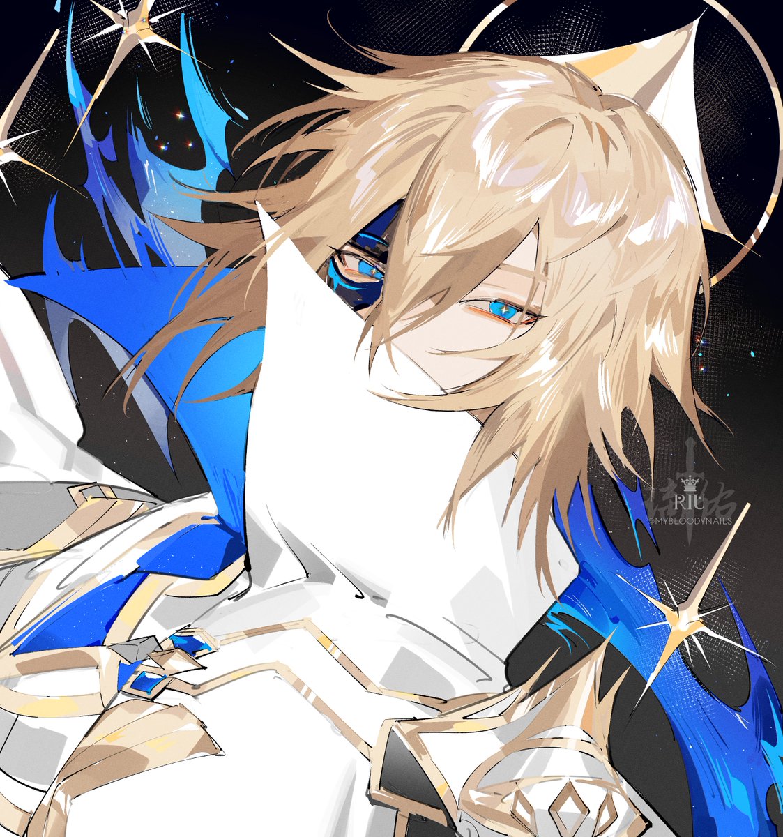 1boy male focus solo high collar blue eyes mask blonde hair  illustration images