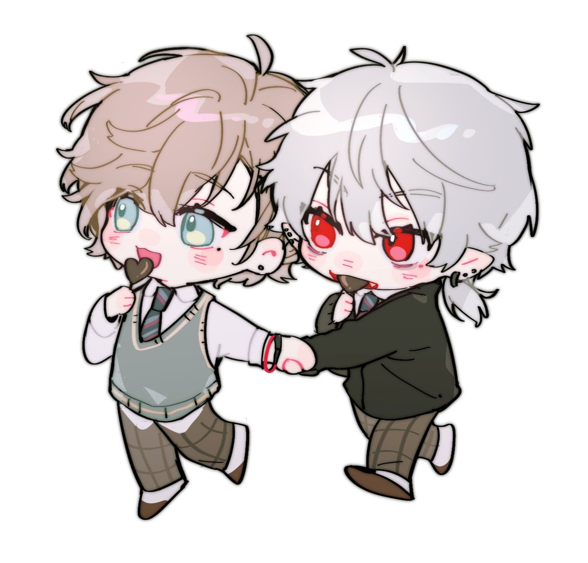 kuzuha (nijisanji) multiple boys 2boys mole mole under eye red eyes chibi male focus  illustration images