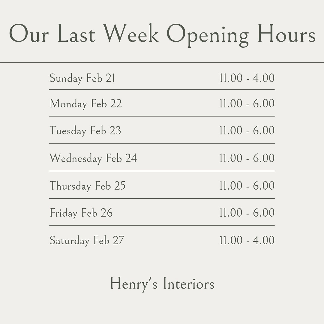 Our hours for in person shopping for our last week at the shop.
#closeoutsale #henrysinteriorsyeg #yeg #shoplocal #shop124street #shopsmallbusiness