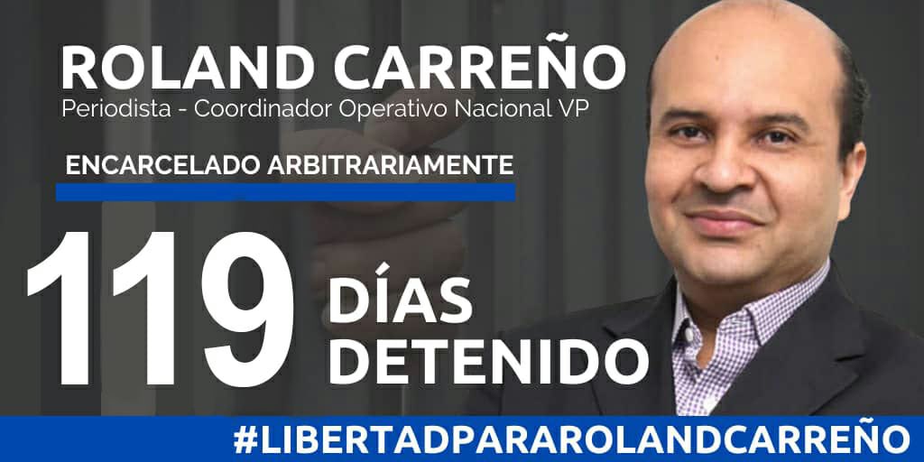 tiafatimasaleh's tweet photo. Hoy Domigo #21feb el periodista venezolano y Coordinador Operativo Nacional de Voluntad Popular, Roland Carreño @rolandcarreno cumple 119 días detenido arbitrariamente. #LiberenaRolandCarreño https://t.co/4GWD18WgyA