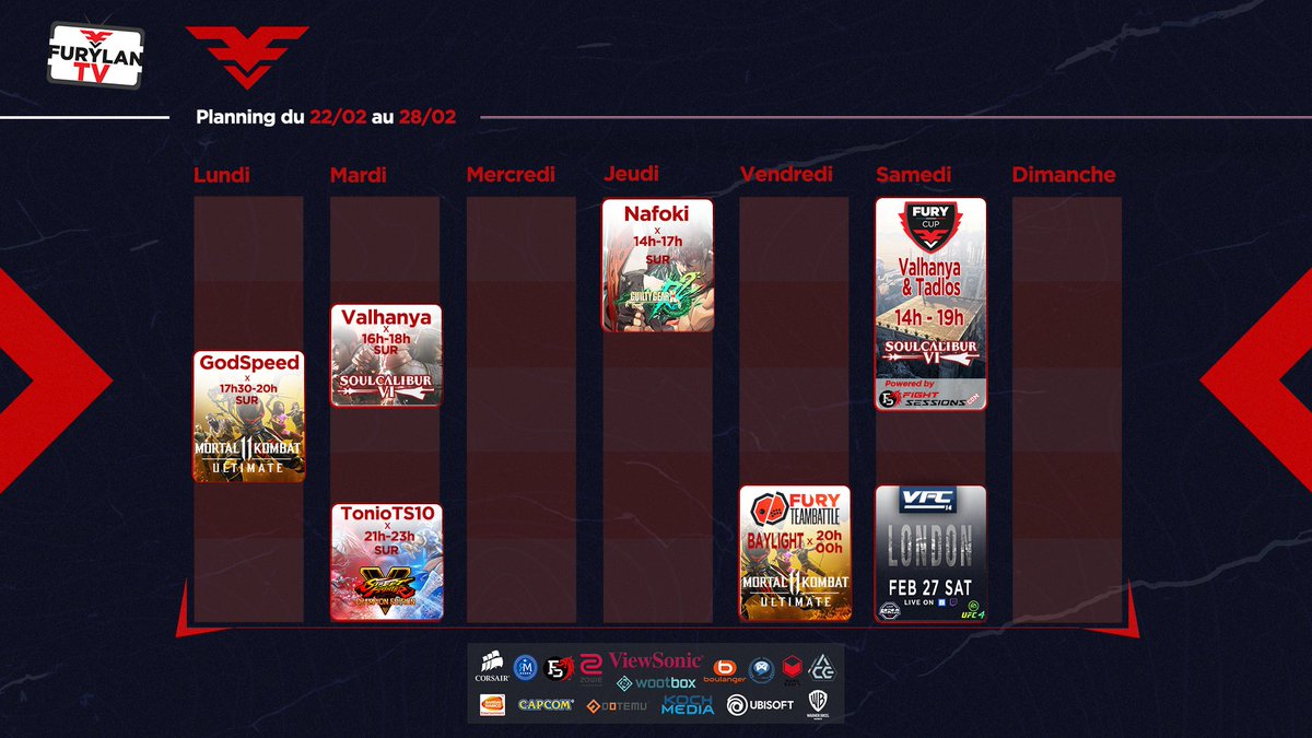 FuryVS_'s tweet photo. #WebTv [Fev] Bienvenue sur ta Fighting TV préféré 🎮 !

🛑 #FuryShowmatch #TeamBattle - #MK11
🆚 #FuryCup - #Soulcalibur6
🥊 #VFC14 - #UFC4

📺 Rejoins notre WebTv
https://t.co/E5uBCHNcQX
🍩 Rejoins la commu !
https://t.co/TidpBNNprt
_
#FGC #GuiltyGear #Soulcalibur6 #SFV https://t.co/ovnnRwY9ep