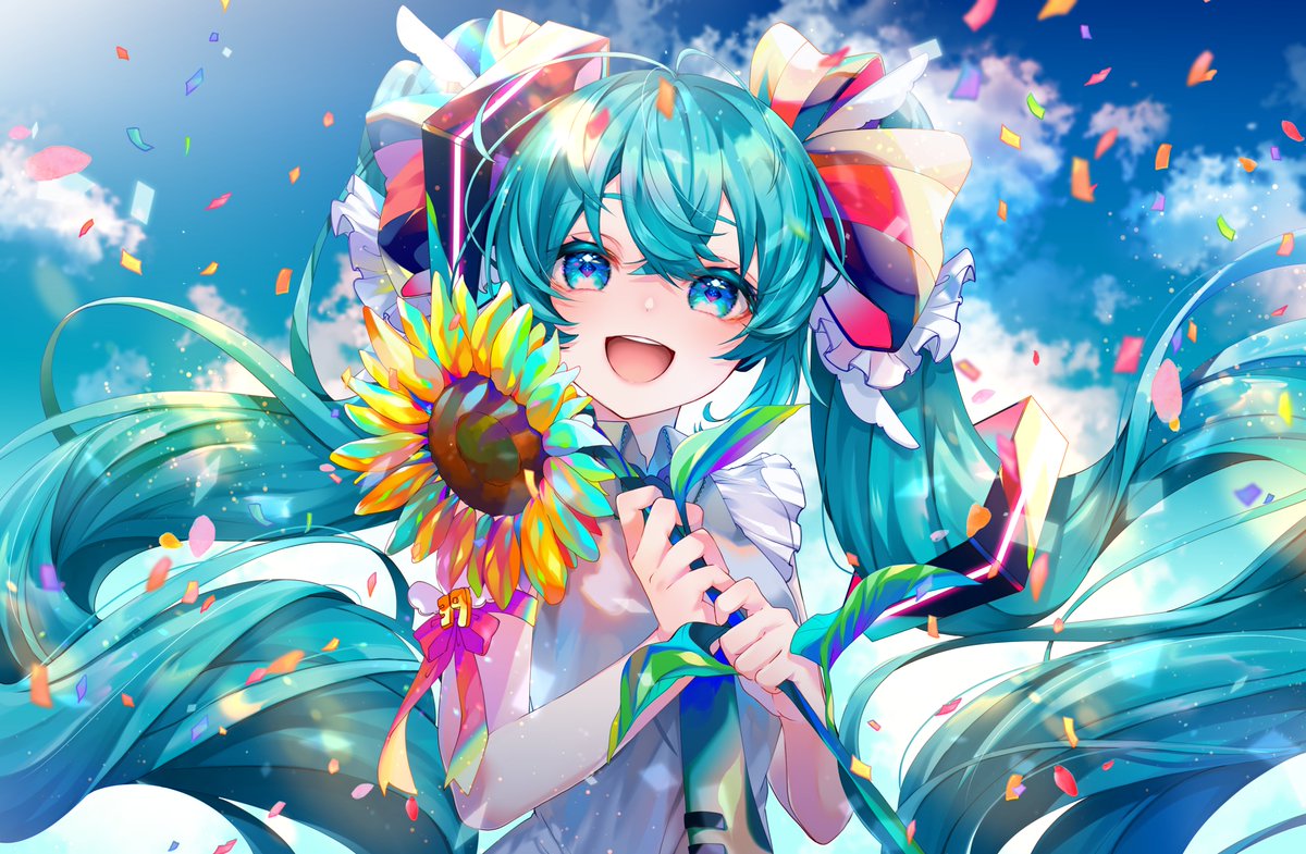 hatsune miku 1girl solo sunflower long hair flower twintails holding  illustration images