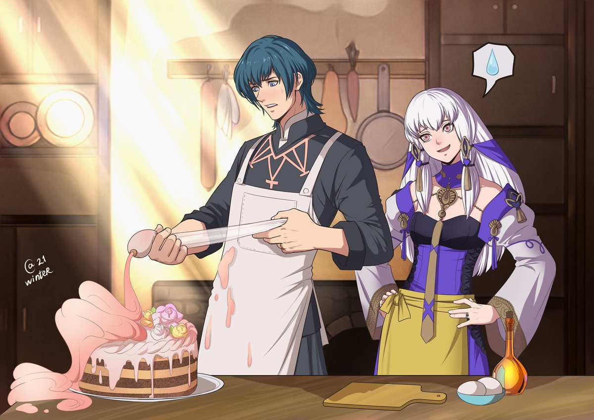 AutumnSacura's tweet photo. Fire Emblem Three Houses fanart.
A commission for #bysitheaweek for Day 1 (22nd of Feb) for the theme of Baking/Tutoring featuring Lysithea teaching a rather clumsy Byleth how to apply frosting on a cake which obviously didn't go so well... #fe3h https://t.co/vmHGmzjsv9