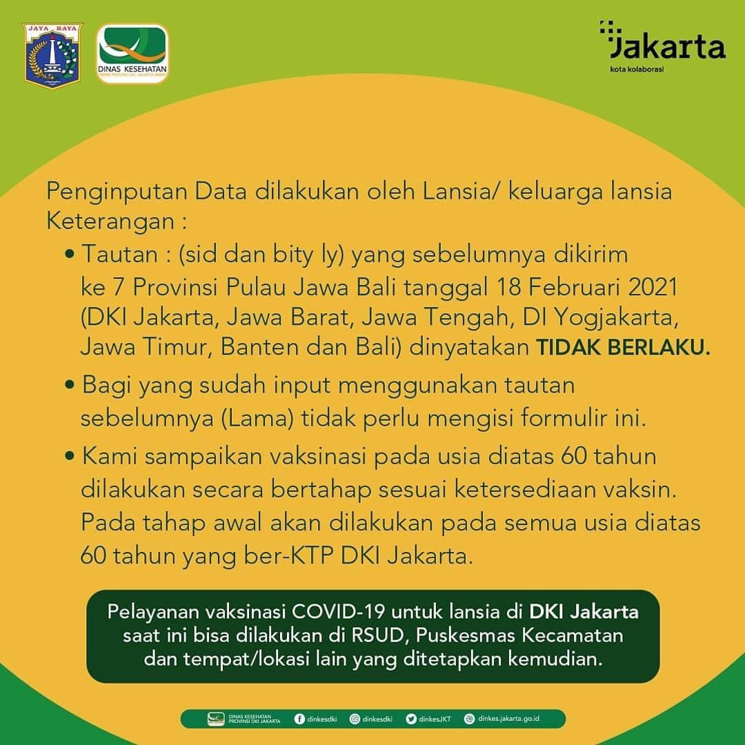 Pengumuman dari <a href="/dinkesJKT/">Dinas Kesehatan Provinsi DKI Jakarta</a>:

 Pendaftaran Vaksinasi COVID-19 bagi Lansia ber-KTP DKI Jakarta melalui dki.kemkes.go.id

Yuk bagi kamu yang memiliki Lansia di rumah, segera daftar untuk vaksinasi COVID-19!

#SukseskanVaksinasi #VaksinasiCovid19 #VaksinasiLansia #jagajakarta
