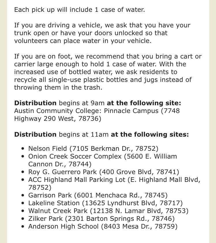 INBOX: Austin/Travis County opens 10 water distribution sites with the first opening at 9am. 💦