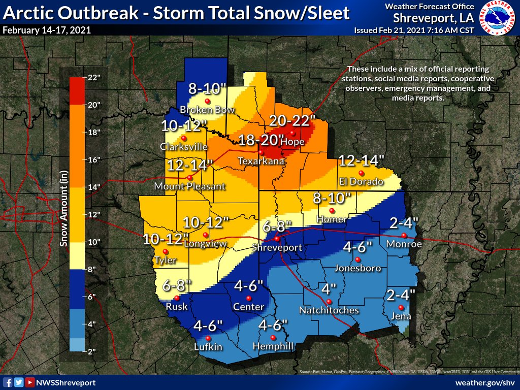 Gis Mapping Cullman Al Nws Shreveport On Twitter: "Here Is A Map Of The Two Event Total Snow/Sleet  Accumulation Across The Region For The Arctic Outbreak From Feb 14-17,  2021. #Arwx #Lawx #Okwx #Txwx Https://T.co/Bkvrw9Zfbo" /