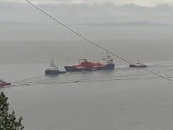 M/V Seagas is towed carefully into Cardiff Docks by 3 tugs, following engine failure off Pembs.