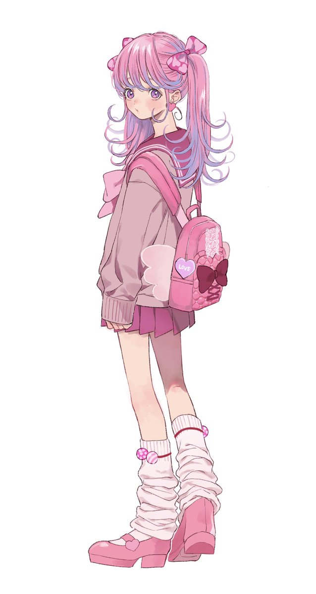 1girl solo skirt bag pink hair socks white background  illustration images