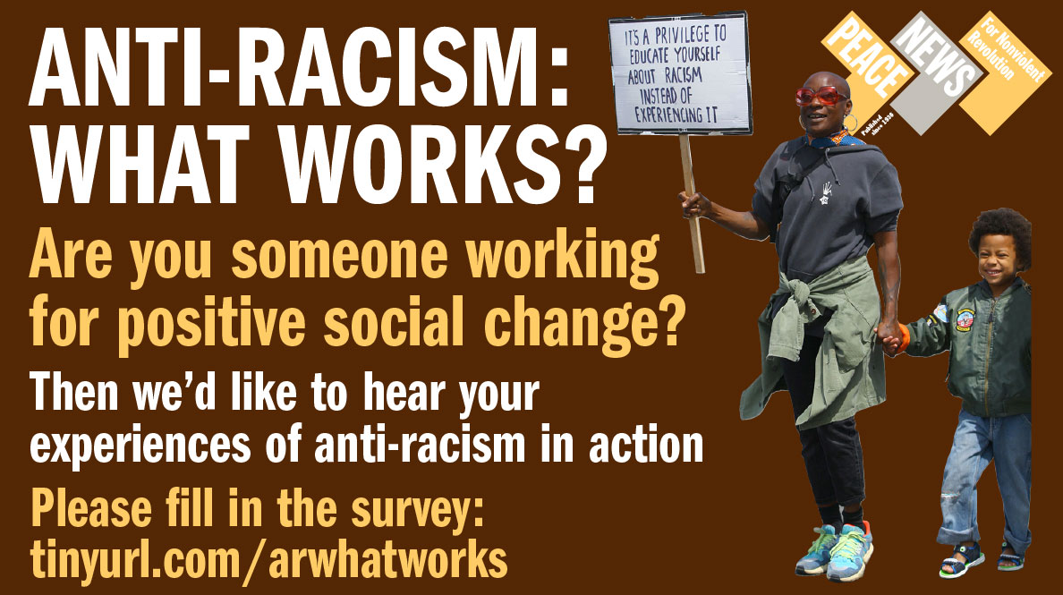 peace_news's tweet photo. @UYAmnesty We'd be really interested in hearing your groups experiences of effective anti-racism in action, please complete our survey (open til 7 Mar): https://t.co/JeIROUiSfk and share it with others. Let's make groups, events, spaces and projects more racially-inclusive https://t.co/s10sNlfWc8