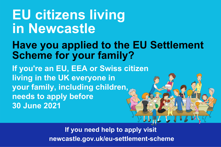 NewcastleCityCouncil (@NewcastleCC) on Twitter photo 2021-02-21 14:00:14 It doesn’t matter how young or old you are if you’re an EU, EEA or Swiss citizen or have an EEA family permit or permanent resident card you must apply to the EU Settlement Scheme before 30 June if you want to remain in the UK. #ProtectYourRights #ProtectYourChildrensRights It doesn’t matter how young or old you are if you’re an EU, EEA or Swiss citizen or have an EEA family permit or permanent resident card you must apply to the EU Settlement Scheme before 30 June if you want to remain in the UK. #ProtectYourRights #ProtectYourChildrensRights