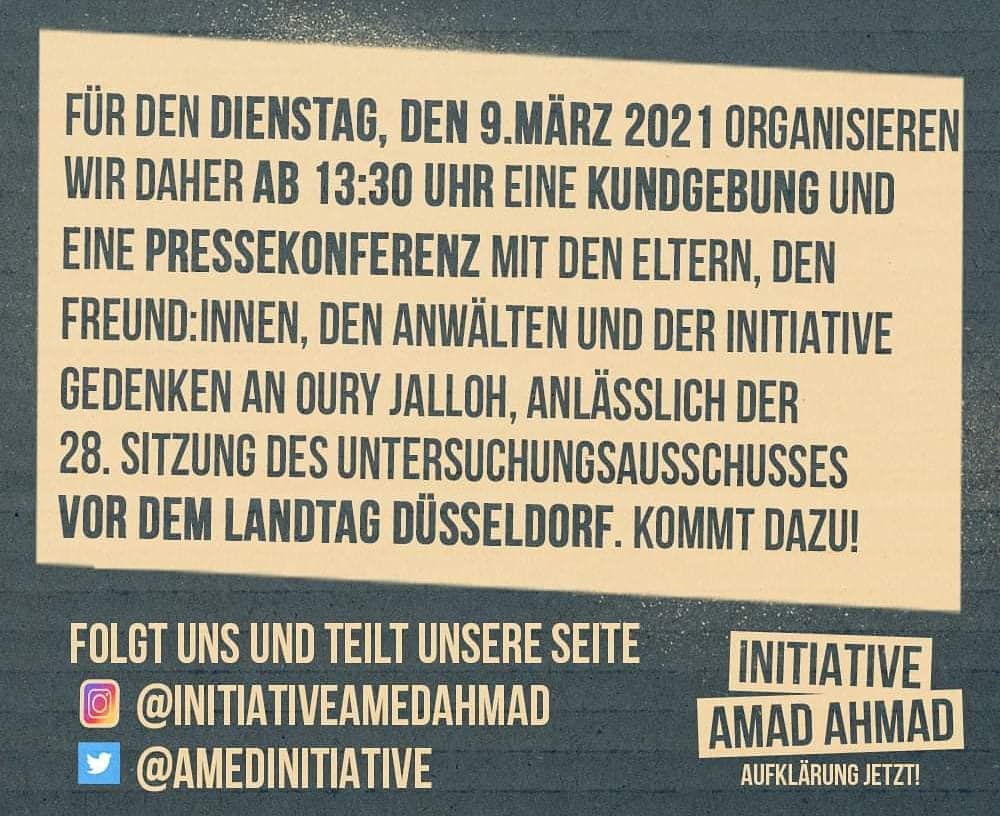 Kommt zu Kundgebung, verbreitet den Aufruf! Die Eltern &amp; Freund:innen von Amed sowie die Anwälte, werden an dem Tag da sein und ihre Fragen, ihre Forderungen nach Aufklärung, Gerechtigkeit und Konsequenzen auf der PK vorbringen. Von Kleve, Hanau bis Dessau, niemand ist vergessen!
