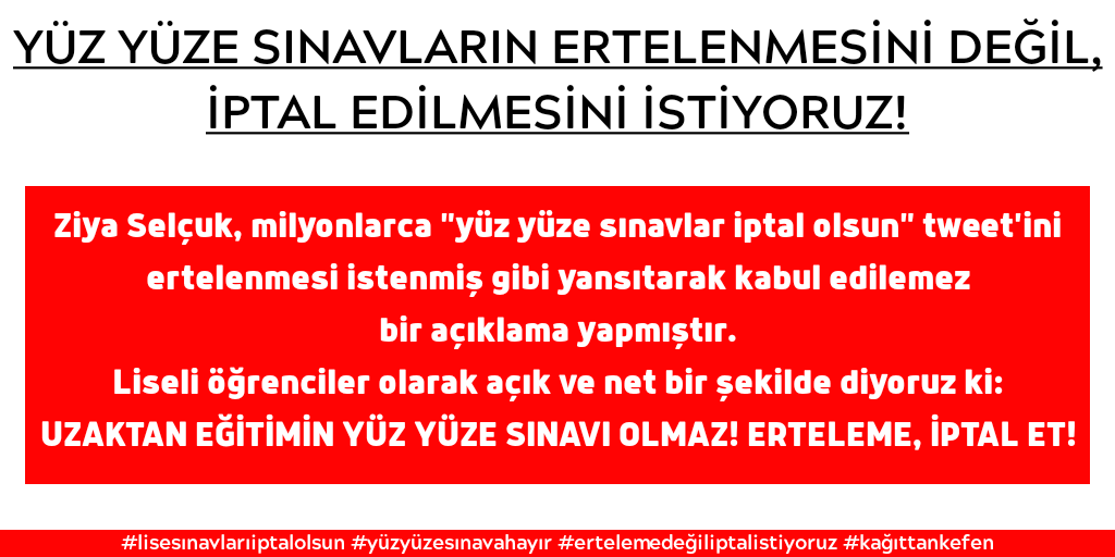 kampushaberagi's tweet photo. | Liseliler Sınavların Ertelenmesini Değil İptalini İstiyor

Liseli öğrenciler attıkları binlerce twitle sınavların ertelenmesini değil iptalini istiyor.
#MebDuymuyor https://t.co/FOB1opkCJG