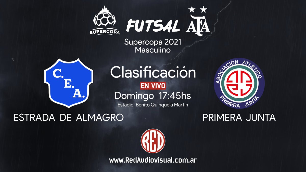 ⚽️ ¡Futsal en vivo!
🏆 Clasificación Supercopa AFA 2021🔴
✅ <a href="/FutsalEstrada/">Estrada De Almagro</a> vs <a href="/AAPrimeraJunta/">A. A. Primera Junta</a> 
🏟️ Quinquela Martín (Boca)
⏰ 17:45hs
📺 youtube.com/c/RedAudiovisu…
·
💳Si te gusta nuestro trabajo, podés colaborar a través de Mercado Pago redaudiovisual.com.ar/donar