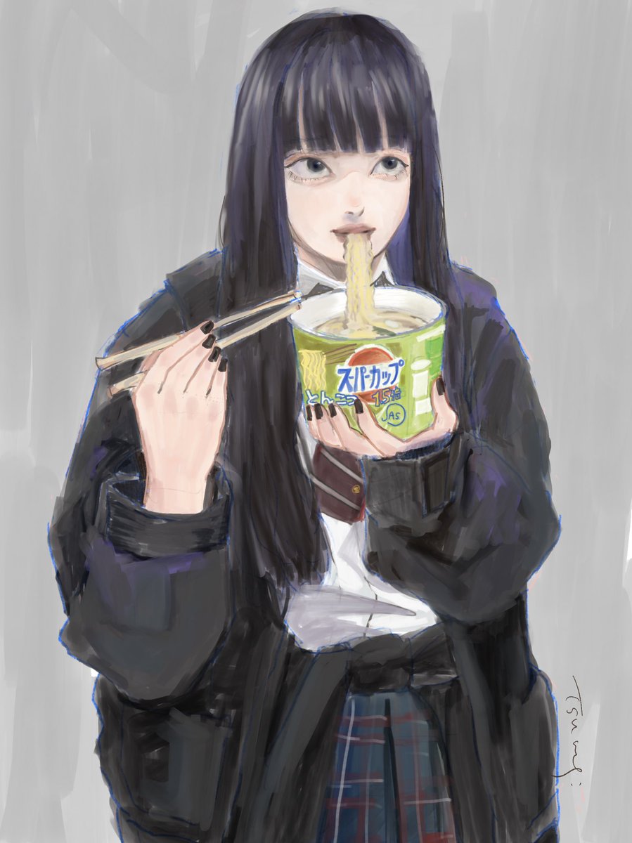 1girl solo noodles chopsticks food bangs black hair  illustration images