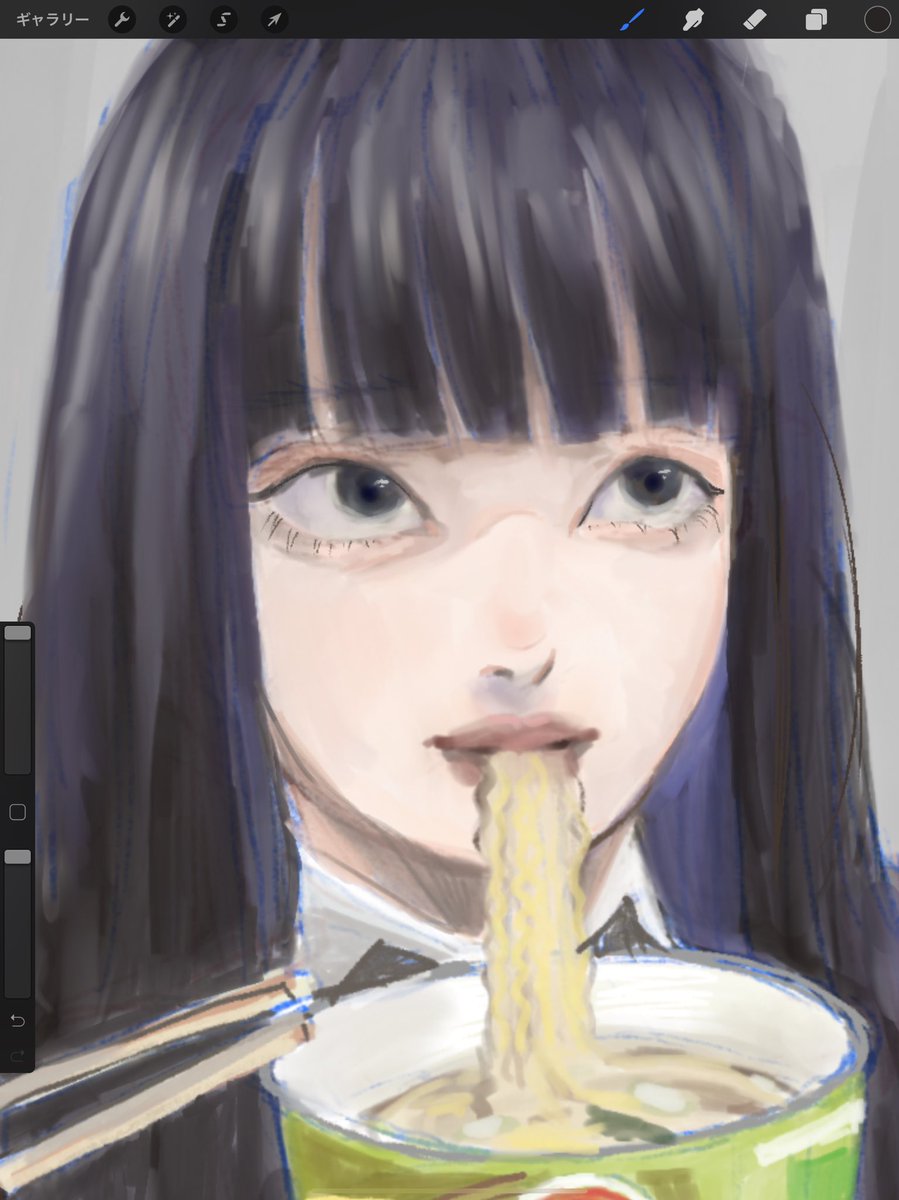 1girl solo noodles chopsticks food bangs black hair  illustration images