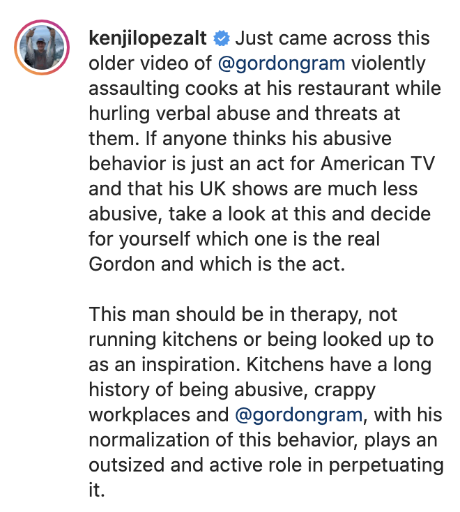 Chef and restaurant owner J. Kenji Lopez-Alt calls out Gordon Ramsay for abusing his staff. Spot on! https://t.co/Yff4axD5Pi
