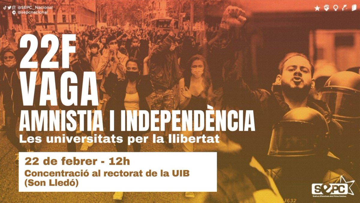 SEPC_UIB's tweet photo. Demà ens organitzam a la UIB per la llibertat de #PabloHasel
⏰12h
📍Rectorat UIB
✊🏼Universitats per la llibertat, amnistia i independència https://t.co/zu0T5ASeut