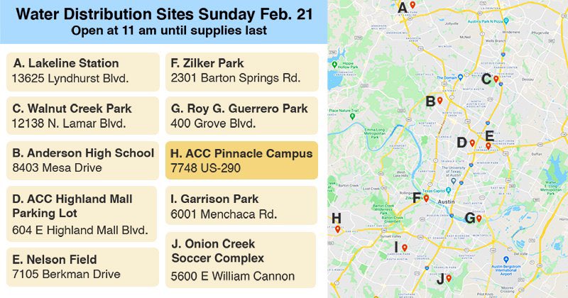 Water distribution begins today at 11:00 a.m. at these locations until supplies run out. Limit 1 case/vehicle. Please reserve for those who can’t buy or boil.
More info: AustinTexas.gov/WeatherInfo