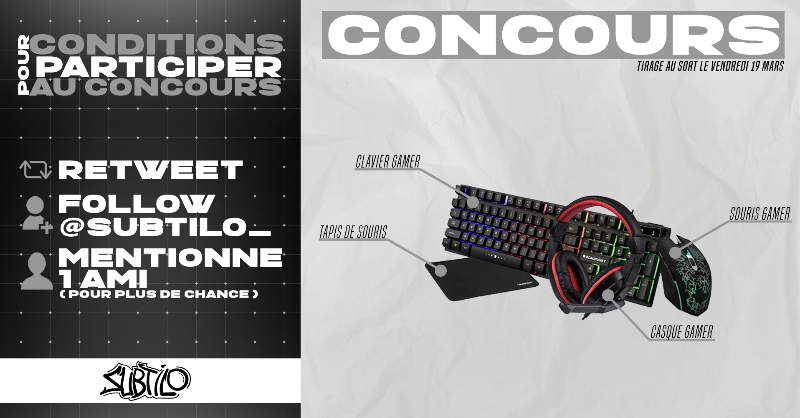 Subtilo_'s tweet photo. #Concours 🎁

Gagne ton Pack Gaming complet 🤩
(Clavier, Souris, Tapis de souris et Casque)

Pour participer :

✅ #RT 
✅ #FOLLOW @Subtilo_
✅ #MENTIONNE UN AMI(E)
(Pour plus de chances !)

Tirage au sort le 19 Mars 2021 !

#Bonne #Chance 🍀 https://t.co/NRvDEDyHiz