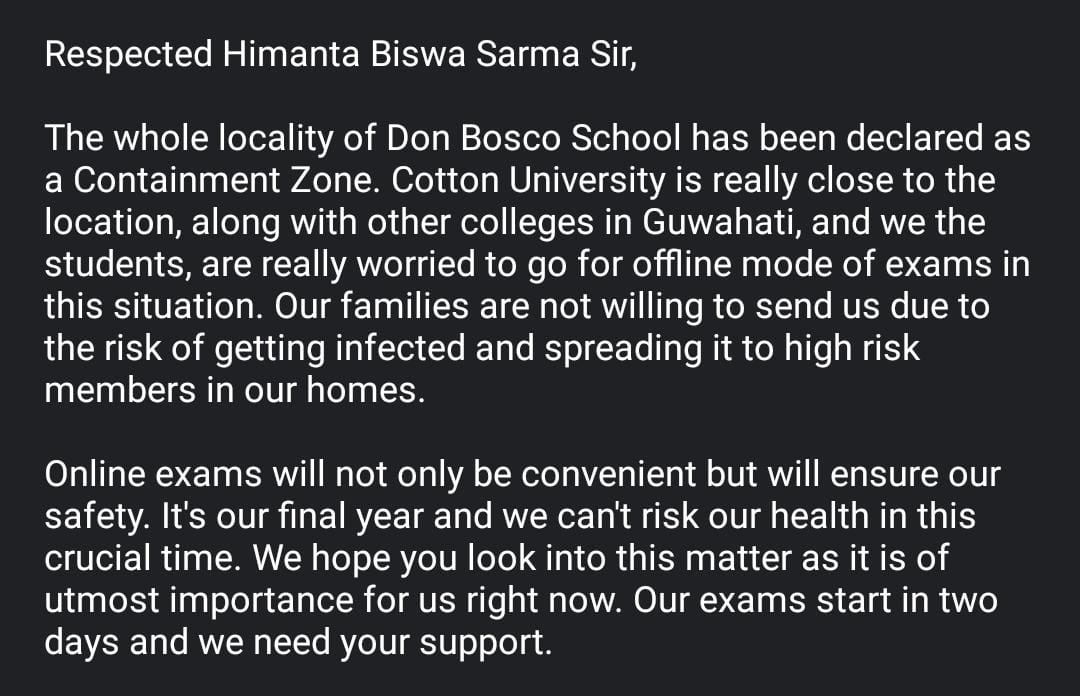 RahulGu57458248's tweet photo. Need your help Sir, We are Located Nearby Area of DonBosco And during this situation we are not stable to give our exam in offline mode. Our Cotton  University is Just about 100 steps away from DonBosco. And the Students of DonBosco Also come nearby Cotton Campus.
@himantabiswa https://t.co/XbvZPsQlsM