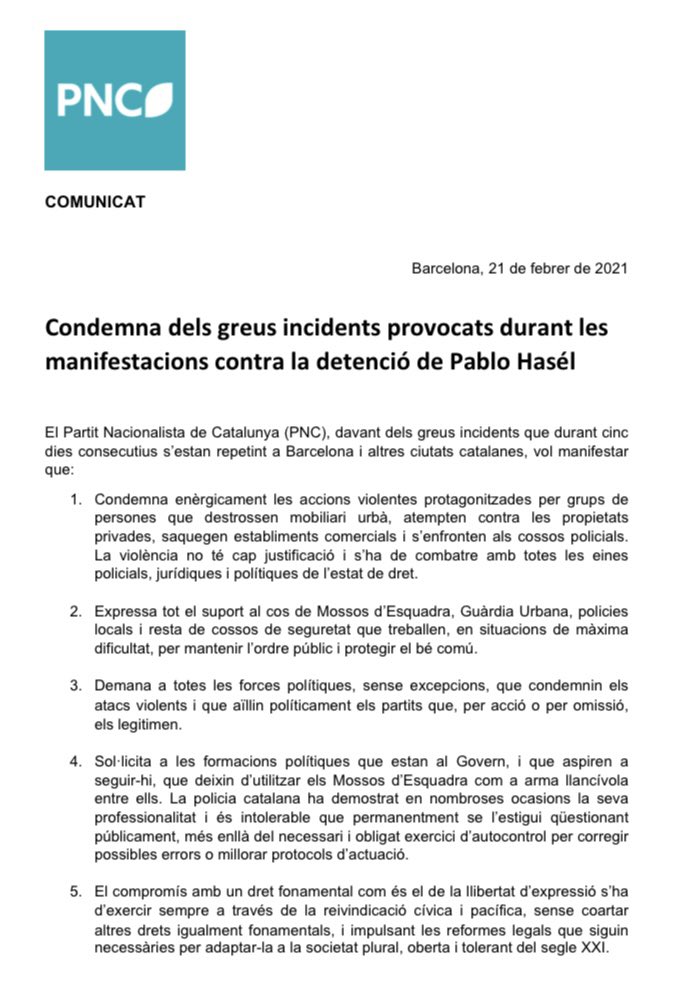 ‼️Comunicat sobre els greus incidents provocats durant les manifestacions dels últims dies a Barcelona i altres ciutats catalanes

🗣 La violència no té cap justificació i s’ha de combatre amb totes les eines policials, jurídiques i polítiques de l’estat de dret ⤵️⤵️⤵️