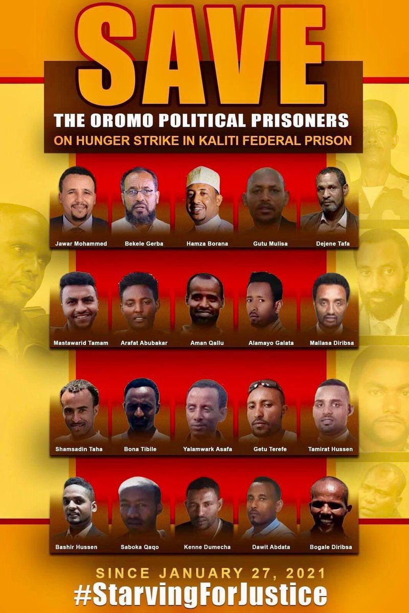 FBedaso's tweet photo. It is day 25 of hunger strikes for Oromo political prisoners. DAY 25! Contrary to what the regime is saying via their ambassadors, they have continued their hunger strike &amp; have vowed to continue until their demands are met. #StarvingForJustice #OromoProtests https://t.co/aiDBJpADou